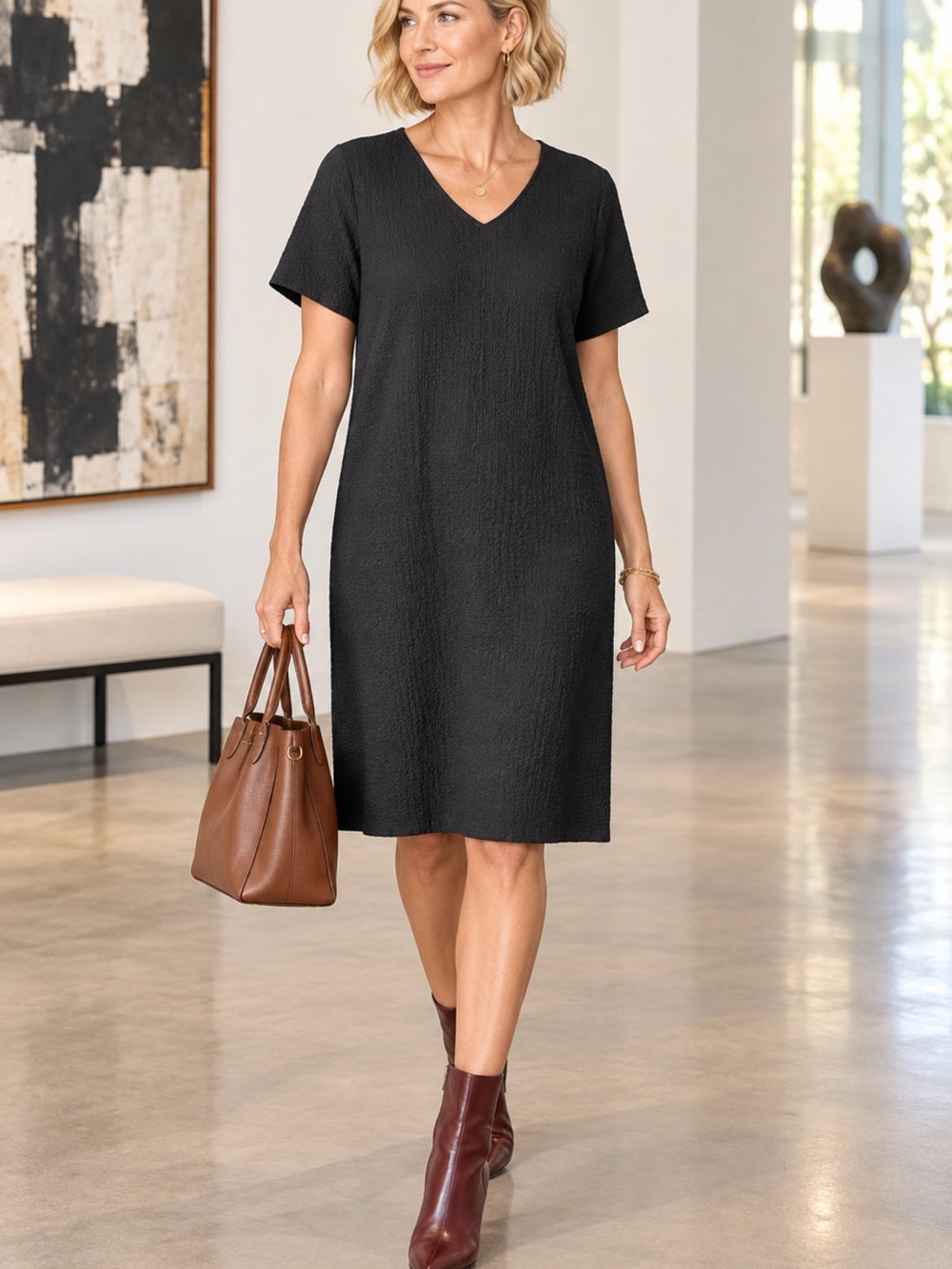 Orvis Black Textured Midi Dress V Neck Stretch Medium Travel Workwear